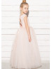 Blush Pink Lace Tulle 3D Flowers Floor Lnegth Flower Girl Dress